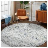 jinchan Round Rug 8ft Area Rug Washable Vintage Indoor Retro Accent Floor Cover Distressed Floral 8