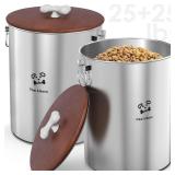 Paw Libero 2PK 25 Lbs total 50 Lbs Stainless Steel Dog Food Storage Container with Airtight Wooden Lid & Ceramic Bone Handle, Large Metal Dog Food Bin for Dogs & Cats, Keep Fresh, Easy to Clean
