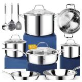HOMICHEF 14-Piece Nickel Free Stainless Steel Cookware Set Whole-Clad 3-Ply - Mirror Polished Pots And Pans Set - Healthy Cookware Set With Steamer - Non-Toxic Induction Cookware Sets