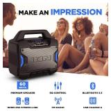 ION Tailgater Boom - Outdoor Portable Bluetooth Speaker with Mic in, FM Radio, USB Port, Battery, IPX5 Water-Resistant, Wireless Stereo-Link, App, 60W