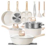 17 Pcs Pots and Pans Set Non stickï¼Cookware Sets White Granite Induction Cookware, Non-toxic Healthy Non Stick Kitchen Cooking Set with Frying Pans Set, Saucepans (PFAS, PFOA, PFOS Free) White