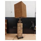 Rustic Stone Base Table Lamp with Brown Shade. Lamp has been repaired  - Retail: $85