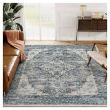 $100 Eleisa 8x10 Blue Washable Rug, Low Pile, Stain Resistant Decor