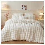 $65 LIFEREVO Fluffy Faux Rabbit Fur Duvet Cover Set, Queen, Beige.