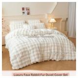 $65 LIFEREVO Fluffy Faux Rabbit Fur Duvet Cover Set, Queen, Beige.