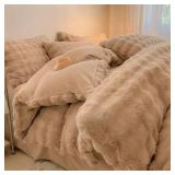 $77 Queen Faux Rabbit Fur & Flannel Comforter, Khaki, 200x220cm
