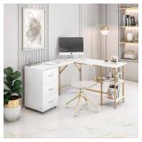 $155 Techni Mobili L Shaped Desk - Two-Toned Desk with Drawers