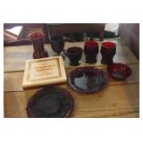 Vintage Ruby Red Glass Plates, Vase & More