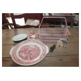 Vtg. Hall Dish, Pink Metal Basket & More
