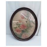 Antique Oval Wood Frame Floral Print Under Glass
