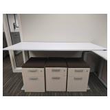 Standing Modern 5.10ft White Table and 3 Office File Cabinets with Cushioned Top