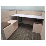 Modern Office Cubicle Workstation with Humanscale Adjustable Desks and Filing Credenzas