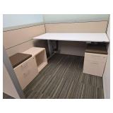 Modern Office Cubicle Workstation with Humanscale Adjustable Desks and Filing Credenzas