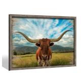 Farmhouse Wall Art Cow Picture: Framed Longhorn Animal Painting Wooden Western Bull Print Rustic Farm Artwork Decor for Kitchen Bedroom Living Room 24 x16