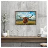 Farmhouse Wall Art Cow Picture: Framed Longhorn Animal Painting Wooden Western Bull Print Rustic Farm Artwork Decor for Kitchen Bedroom Living Room 24 x16