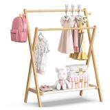 BAMBOOHOMIE Kids Clothing Rack, Small Clothes Rack for Toddler Pets, Kids Dress Up Rack with Storage Shelf & Double Rods, Foldable Kids Clothes Rack for Nursery Child