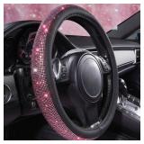 CAR PASS Bling Diamond Leather Steering Wheel Cover, Bling Sparkly Crystal Glitter Rhinestones Universal Fit 14" 1/2-15" Car Wheel Protect for Women Girl Fit Suvs,Vans,Sedans,Cars,Trucks, Pink Black
