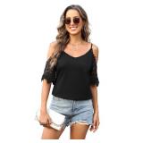 Women Summer Short Sleeve Shirt Lace Short Sleeve Cut Out Blouse Cold Shoulder Solid Color Fashion Casual Top Tees Black Size XL