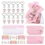 Teling 50 Sets Baby Shower Party Favors Baby Shower Angel Keychains Label Sticker Cards Organza Bags for Baptism Party(Pink)