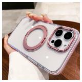OWLSTAR for iPhone 16 Pro Case with Rotatable Magnetic Ring Stand, Compatible with MagSafe, Non-Yellowing Clear Hard-Back Protective Kickstand Phone Case 6.3 inch (Pink)