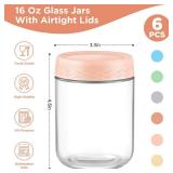 DRKIO 16 Oz Overnight Oats Containers with Lids - 6 Pack Glass Storage Jars with Airtight Lids Wide Mouth Mason Food Jars Great for Meal Prep Salad Chia Pudding Snacks Yogurt Sugar Spice Cereal