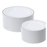 FOCUSLINE Silver Plastic Plates Set of 60, Disposable Plates with Silver Rim 30 Dinner Plates 10" and 30 Salad Dessert Appetizer Plate 7", Elegant Fancy Heavy Duty Wedding Party Plates