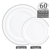 FOCUSLINE Silver Plastic Plates Set of 60, Disposable Plates with Silver Rim 30 Dinner Plates 10" and 30 Salad Dessert Appetizer Plate 7", Elegant Fancy Heavy Duty Wedding Party Plates