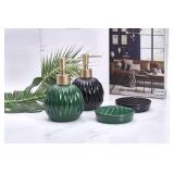Ceramics Gold Soap Dispenser for Bathroom, Round Soap Dispenser with Delicate Embossed Rhombus Design (Dark Green)
