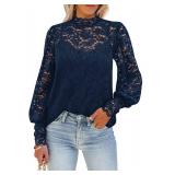 DOROSE Womens Shirts for Leggings Long Sleeve Lace Crochet Top Blouses Dark Blue M