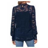 DOROSE Womens Shirts for Leggings Long Sleeve Lace Crochet Top Blouses Dark Blue M