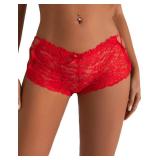 comeondear Women Lace Cheeky Panties Plus Size Floral Sheer Boyshort Criss Cross Thong Panty Red High Waist Bikini 4-6