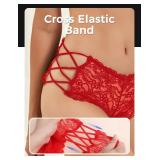 comeondear Women Lace Cheeky Panties Plus Size Floral Sheer Boyshort Criss Cross Thong Panty Red High Waist Bikini 4-6