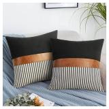 22x22 Pillow Covers Set of 2 Boho Rustic Farmhouse Decorative Striped and Black Linen Throw Pillow Covers Modern Brown Faux Leather Covers for Couch Sofa, Black Striped