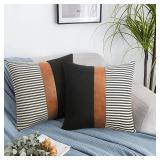 22x22 Pillow Covers Set of 2 Boho Rustic Farmhouse Decorative Striped and Black Linen Throw Pillow Covers Modern Brown Faux Leather Covers for Couch Sofa, Black Striped