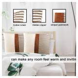 TIMDAM Farmhouse Decorative Throw Pillow Covers 18x18, Set of 2 Couch Pillow Cover for Living Room, Stripe Patchwork Linen Pillow Covers, Modern Accent Decor Square Faux Leather Throw Pillow Cases