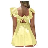 hibshaby Sexy Deep V Neck Ruffle Sleeve Mini Backless Lace Up Babydoll Summer Short Dress Yellow M