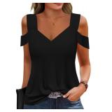 Soesdemo Summer Black Tops Womens Tunic Top Short Sleeve Cold Shoulder V Neck Loose Fit Basic Tee Casual Tops Shirts Blouse -Lg