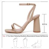 RIBONGZ Nude Strappy High Heels for Women Prom Heeled Sandals Square Open Toe Ankle Strap Chunky Wedding Bridal Shoes Block High Heels for Party Dress 7