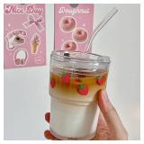 Olvini 13oz Glass Tumbler with Straw and Lid, Reusable Iced Coffee Cup Tumbler, Cute Glass Cups for Water, Matcha, Travel Coffee Mugs (Strawberry - 13oz)