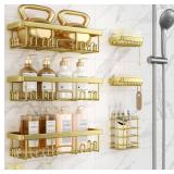 Veken Adhesive Shower Caddy 6-Pack,Gifts for Women Mom,Heavy Weight Bearing,Large Wall Mounted Bathroom Shelves Rack,Organizer Storage Accessories with Soap Dish&Toothbrush Holder,Bright Gold