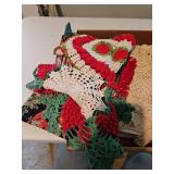 Miscellaneous Christmas doilies and pot holders and Lace tablecloth