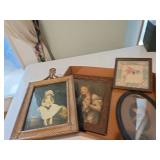 Small framed pictures, and a framed hanky