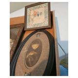 Small framed pictures, and a framed hanky