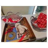 Two woven wire baskets, Billy Graham Christmas VHS tape with ornament, small doll in sleigh