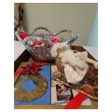 Two woven wire baskets, Billy Graham Christmas VHS tape with ornament, small doll in sleigh