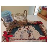 Fabric snowman tray, wire basket, peace on Earth ceramic coffee mug