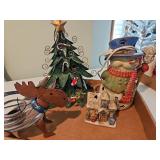 Metal Christmas tree, lighted Snowman lamp, candle holder moose, small votive holder