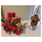 Sorted Christmas candles, metal sleigh, metal hanging candle lamp