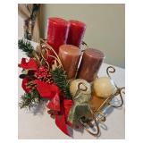 Sorted Christmas candles, metal sleigh, metal hanging candle lamp