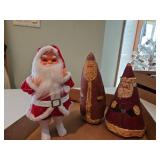 Small vintage plastic Santa 9 in tall, to handmade coated fabric Santas